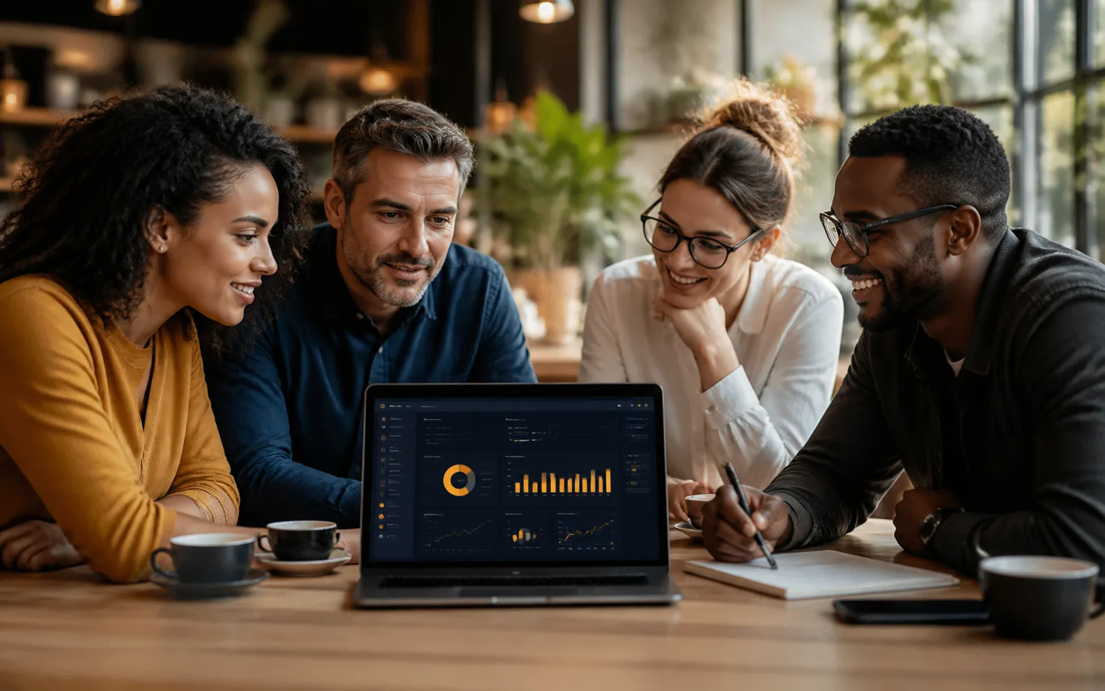 Quatre personnes réunies autour d'un ordinateur portable pendant une session de formation.